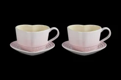 Stoneware Set of 2 Heart Mugs with Saucers