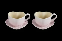 Stoneware Set of 2 Heart Mugs with Saucers