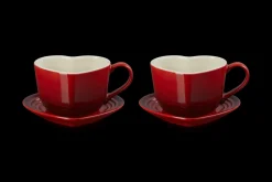 Stoneware Set of 2 Heart Mugs with Saucers