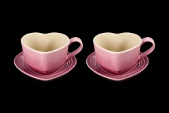 Stoneware Set of 2 Heart Mugs with Saucers