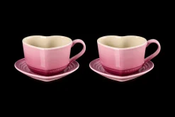 Stoneware Set of 2 Heart Mugs with Saucers